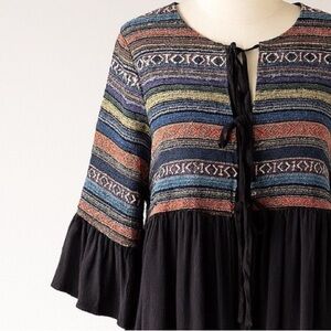 Multi Color Woven Boho Jacket With Tie Front
